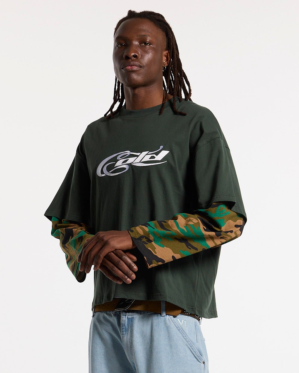 CAMO DOUBLE SLEEVE TEE DEEP FOREST - dark green camo longsleeve tee, front view on male model - Cold Culture #man
