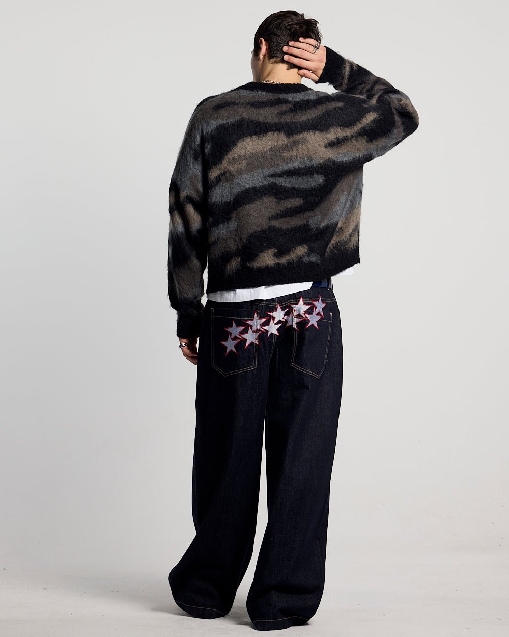 CAMO KNITWEAR DARK BROWN - dark brown camo knit sweater, back view on male model - Cold Culture #man