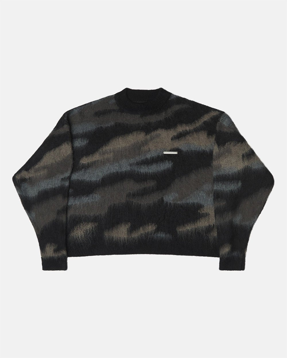 CAMO KNITWEAR DARK BROWN - dark brown camo knit sweater, front view - Cold Culture #packshot