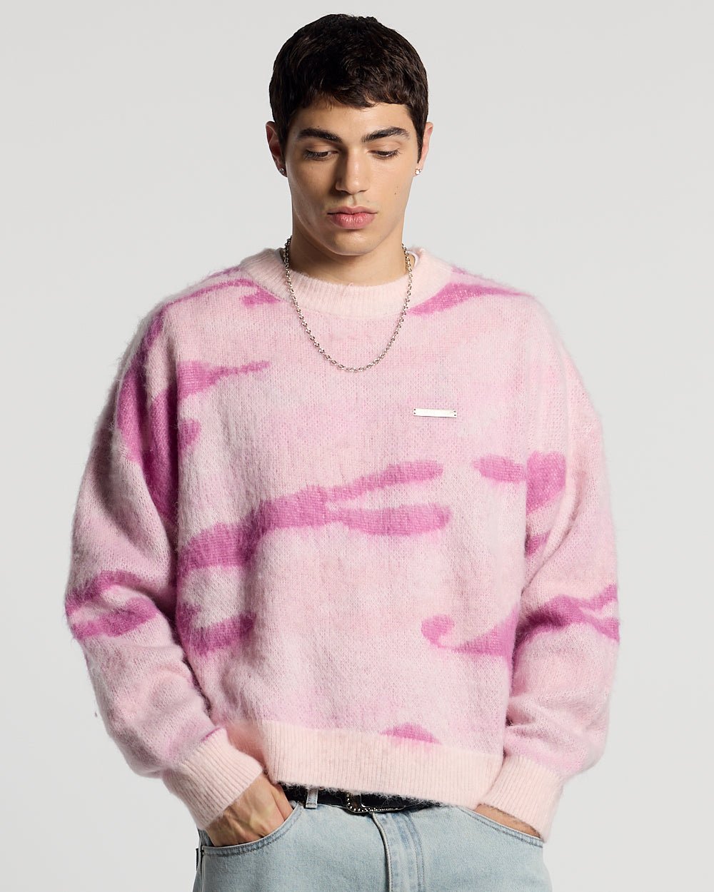 CAMO KNITWEAR PINK - pink camo knit sweater, front view on male model - Cold Culture #man