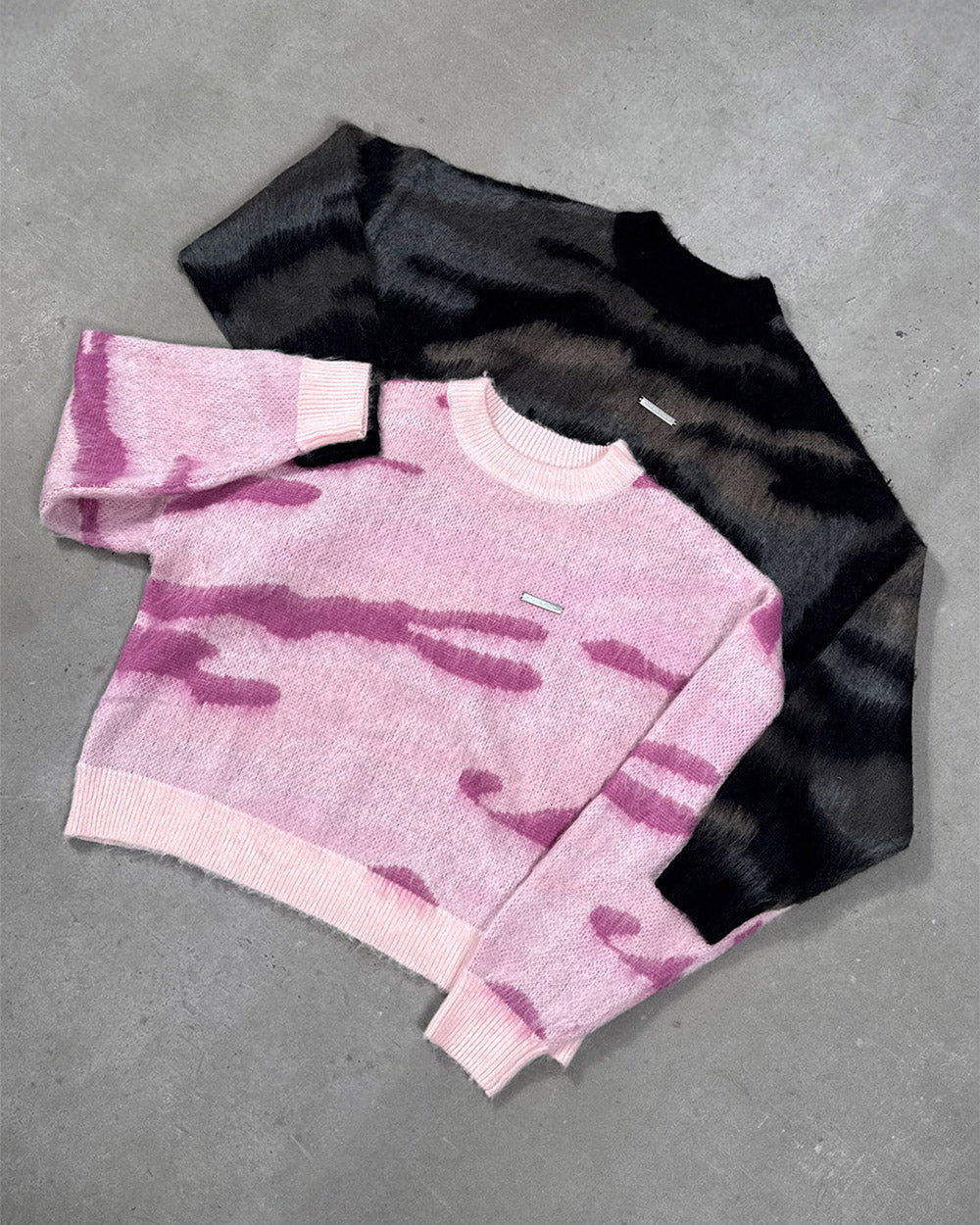 CAMO KNITWEAR PINK - pink camo knit sweater, flat lay with matching pieces - Cold Culture