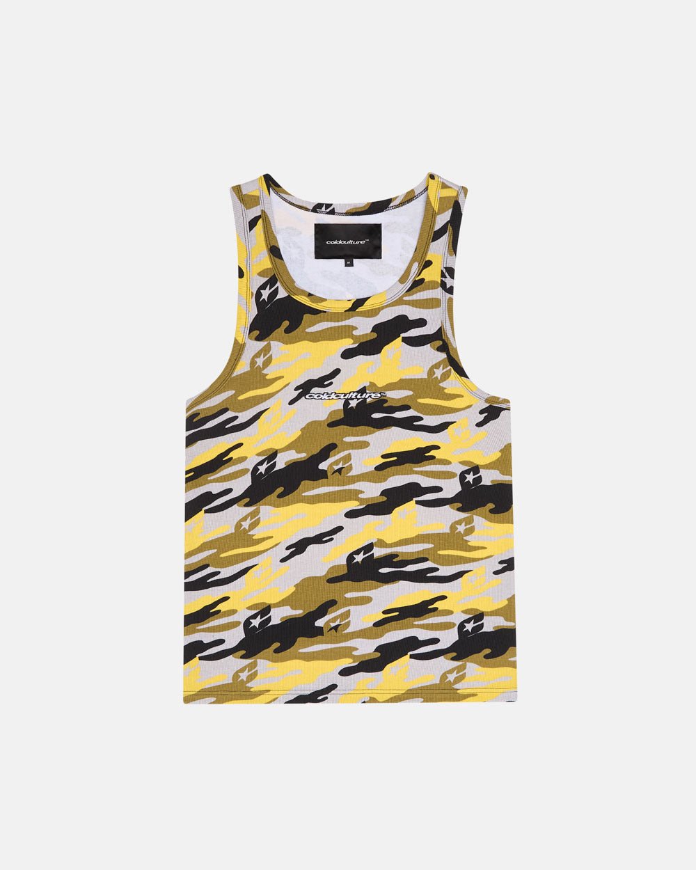 CAMO TANK TEE YELLOW - yellow camo tank top, front view - Cold Culture #packshot