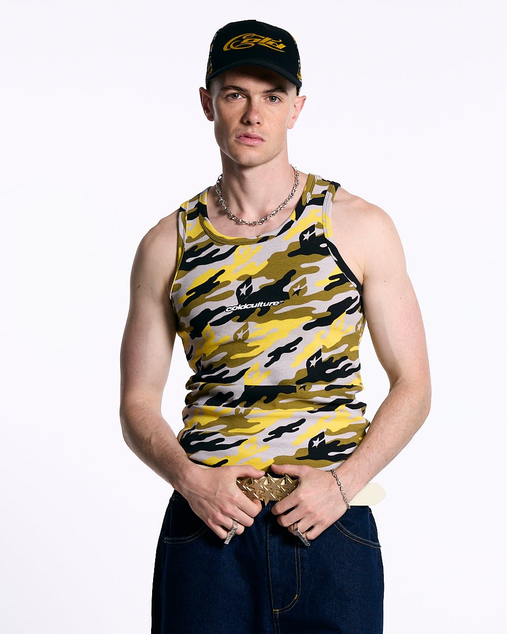 CAMO TANK TEE YELLOW - yellow camo tank top, front view on male model - Cold Culture #man