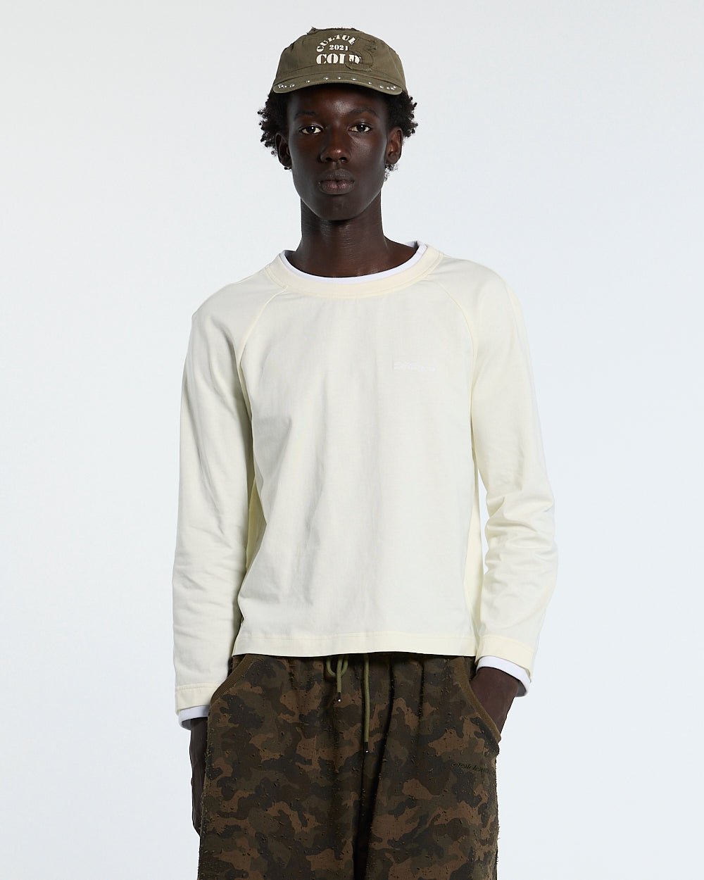 CAPUCCINO LONGSLEEVE CREAM - cream longsleeve tee, front view on male model - Cold Culture #man