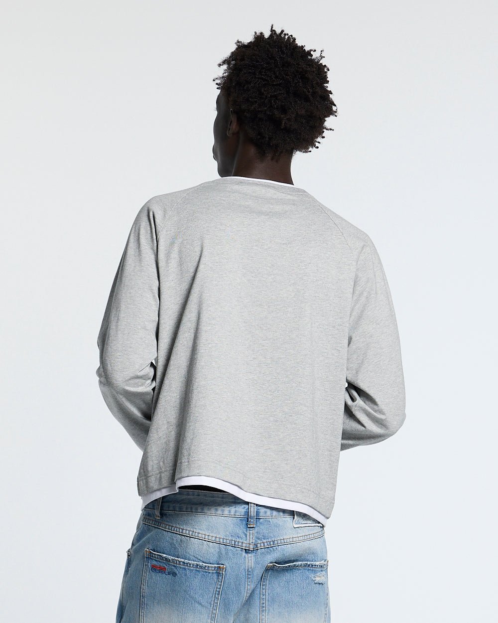 CAPUCCINO LONGSLEEVE HEATHER GREY - heather grey longsleeve tee, back view on male model - Cold Culture #man