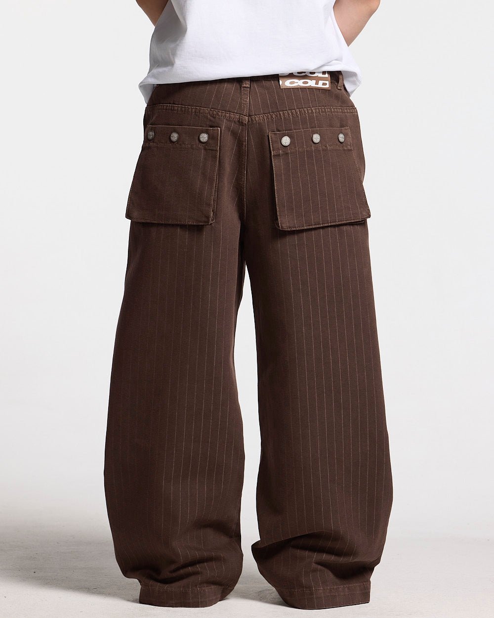 CASINO PANTS BROWN DENIM - brown pinstripe denim pants, worn detail - Cold Culture #woman