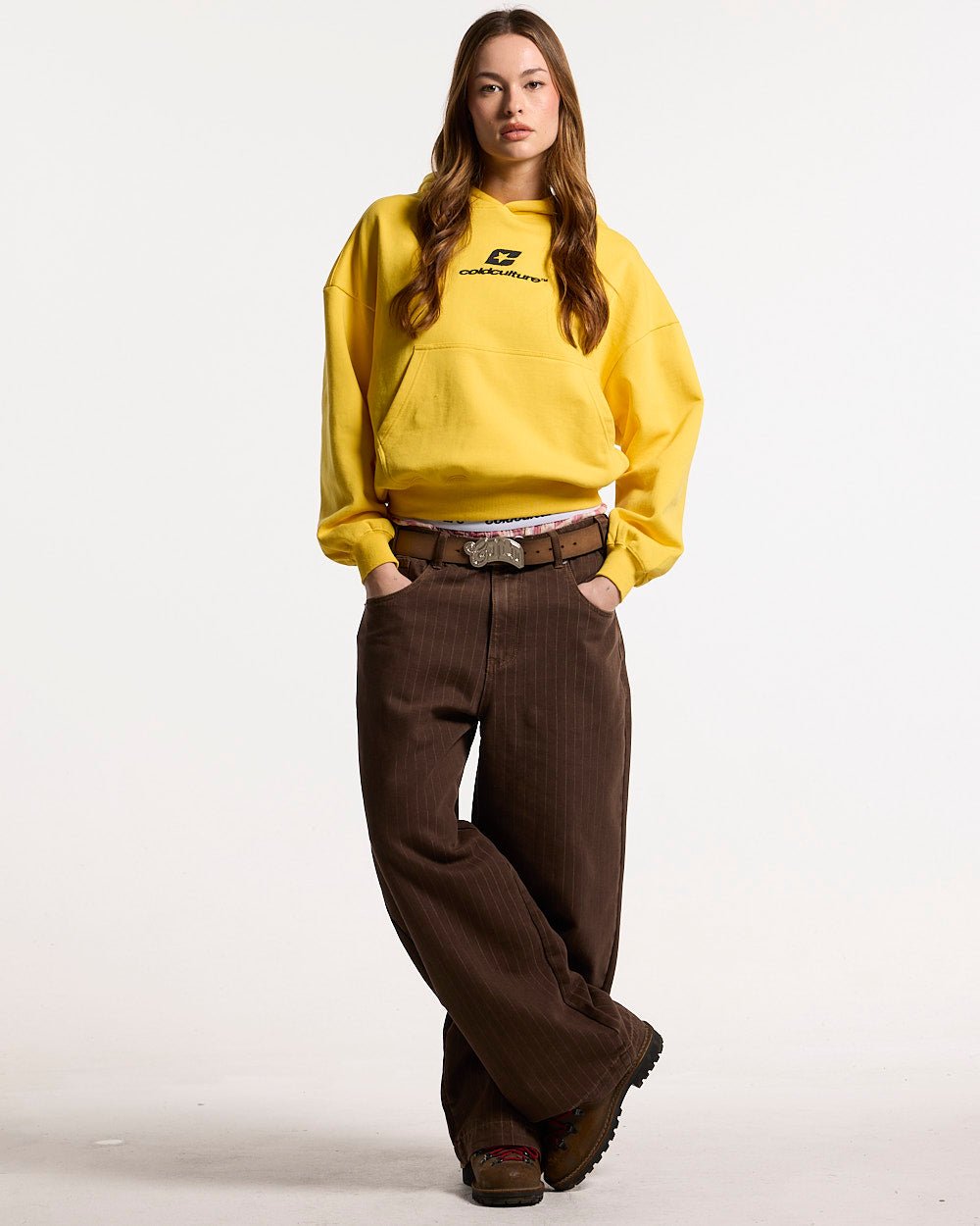 CASINO PANTS BROWN DENIM - brown pinstripe denim pants, front view on female model - Cold Culture #woman
