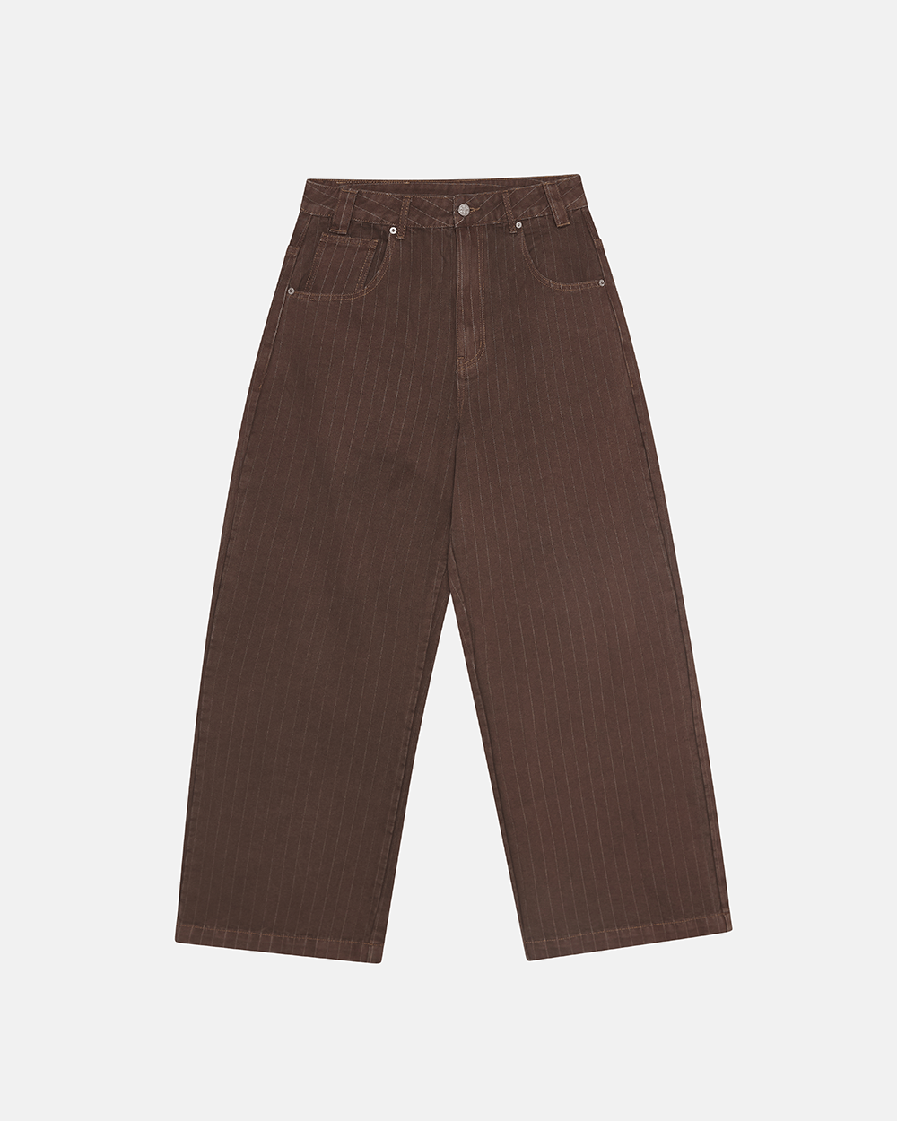 CASINO PANTS BROWN DENIM - brown pinstripe denim pants, front view - Cold Culture #packshot