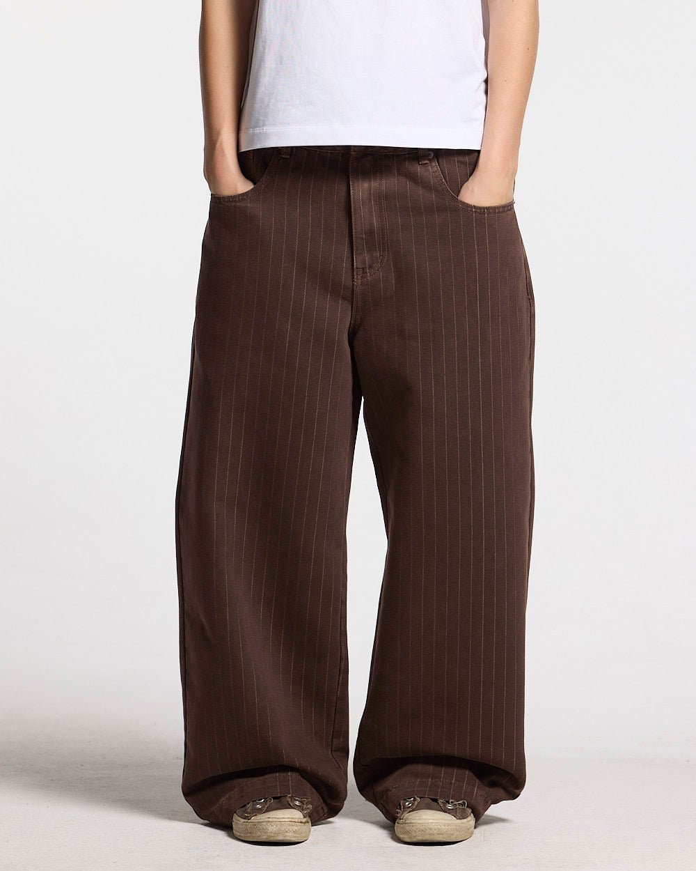 CASINO PANTS BROWN DENIM - brown pinstripe denim pants, front view on female model - Cold Culture #woman