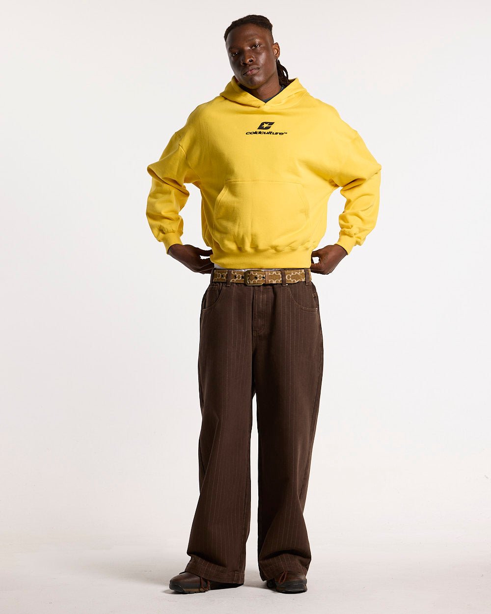 CASINO PANTS BROWN DENIM - brown pinstripe denim pants, front view on male model - Cold Culture #man