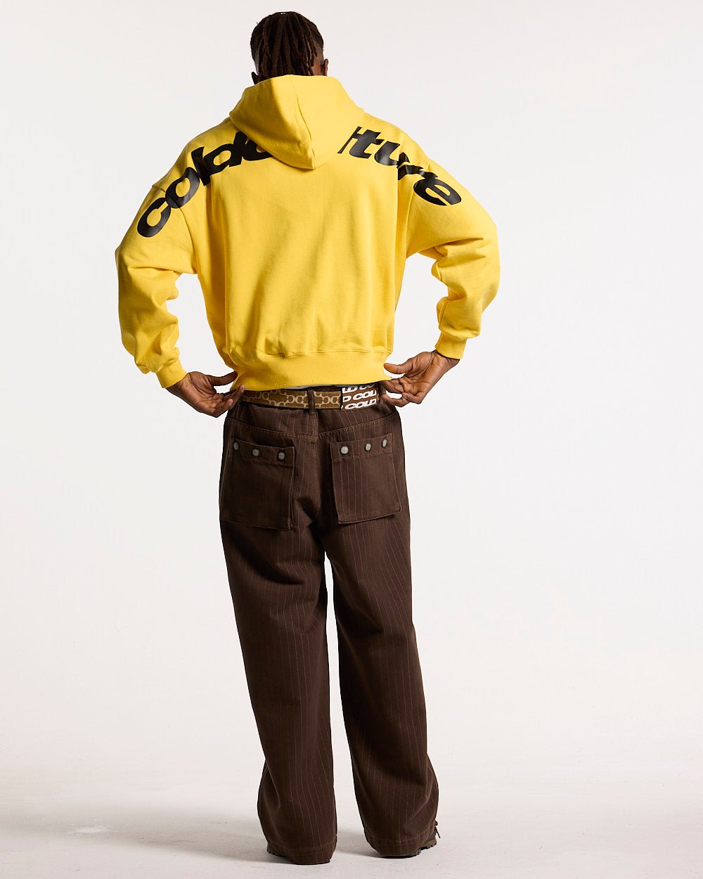 CASINO PANTS BROWN DENIM - brown pinstripe denim pants, back view on male model - Cold Culture #man