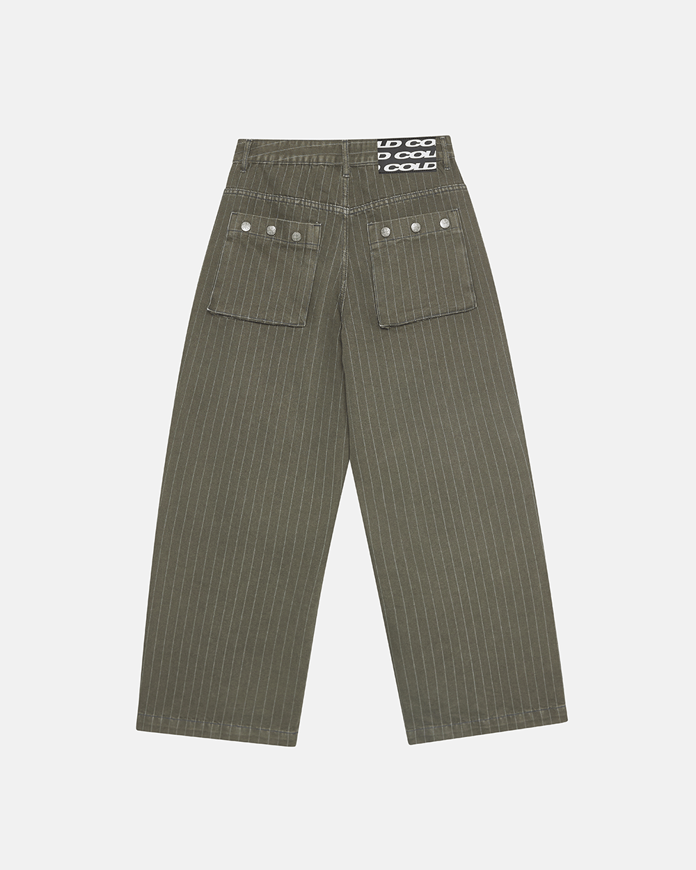 CASINO PANTS GREEN DENIM - green pinstripe denim pants, back view - Cold Culture #packshot