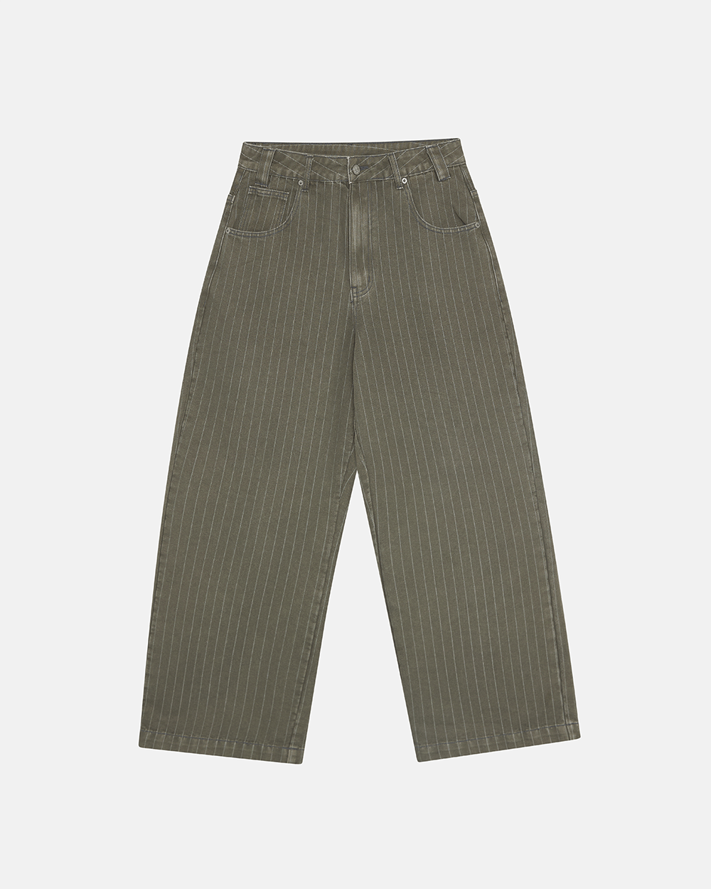 CASINO PANTS GREEN DENIM - green pinstripe denim pants, front view - Cold Culture #packshot