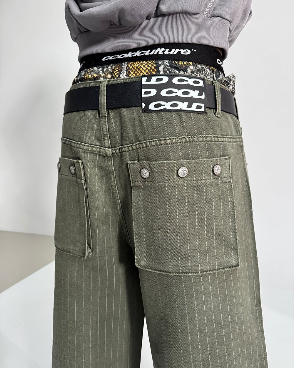 CASINO PANTS GREEN DENIM - green pinstripe denim pants, worn detail - Cold Culture