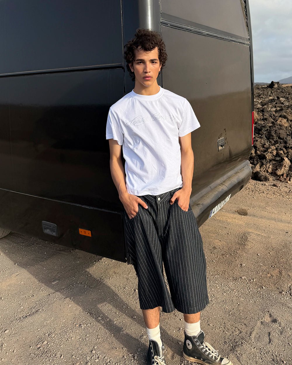CASINO SHORT BLACK - black pinstripe shorts, street style shot - Cold Culture