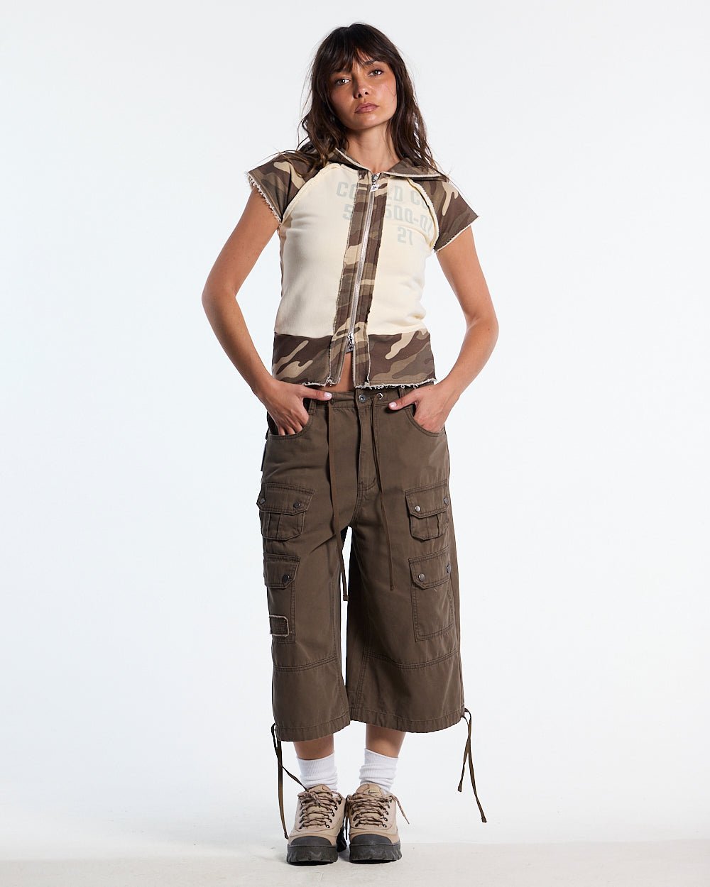 CHAINS CAMO BABY ZIP TEE BEIGE - beige camo hooded zip tee, front view on female model - Cold Culture #woman