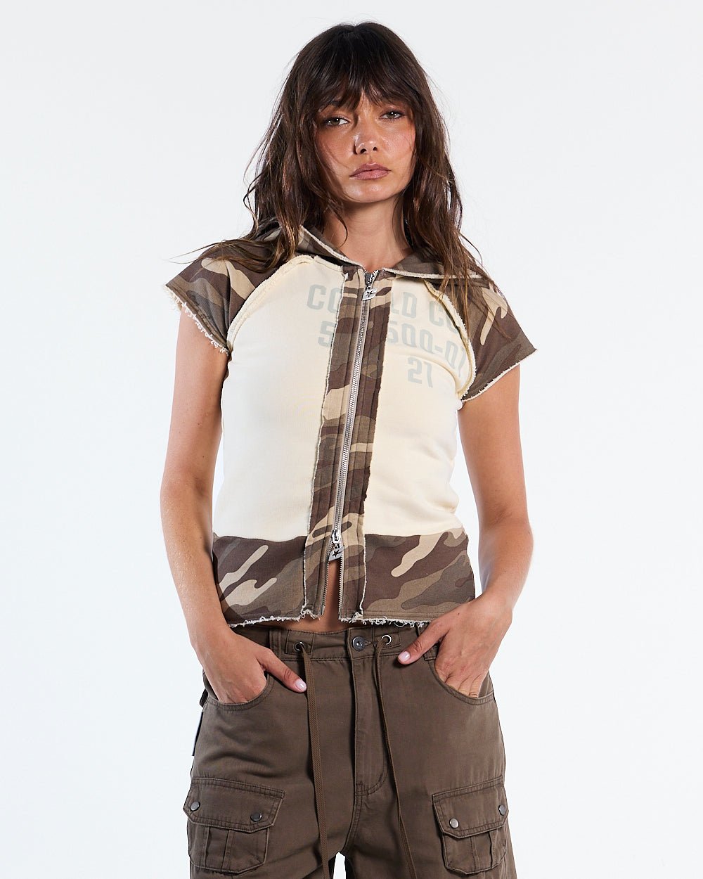 CHAINS CAMO BABY ZIP TEE BEIGE - beige camo hooded zip tee, front view on female model - Cold Culture #woman