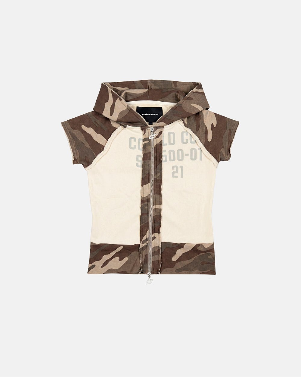 CHAINS CAMO BABY ZIP TEE BEIGE - beige camo hooded zip tee, front view - Cold Culture #packshot