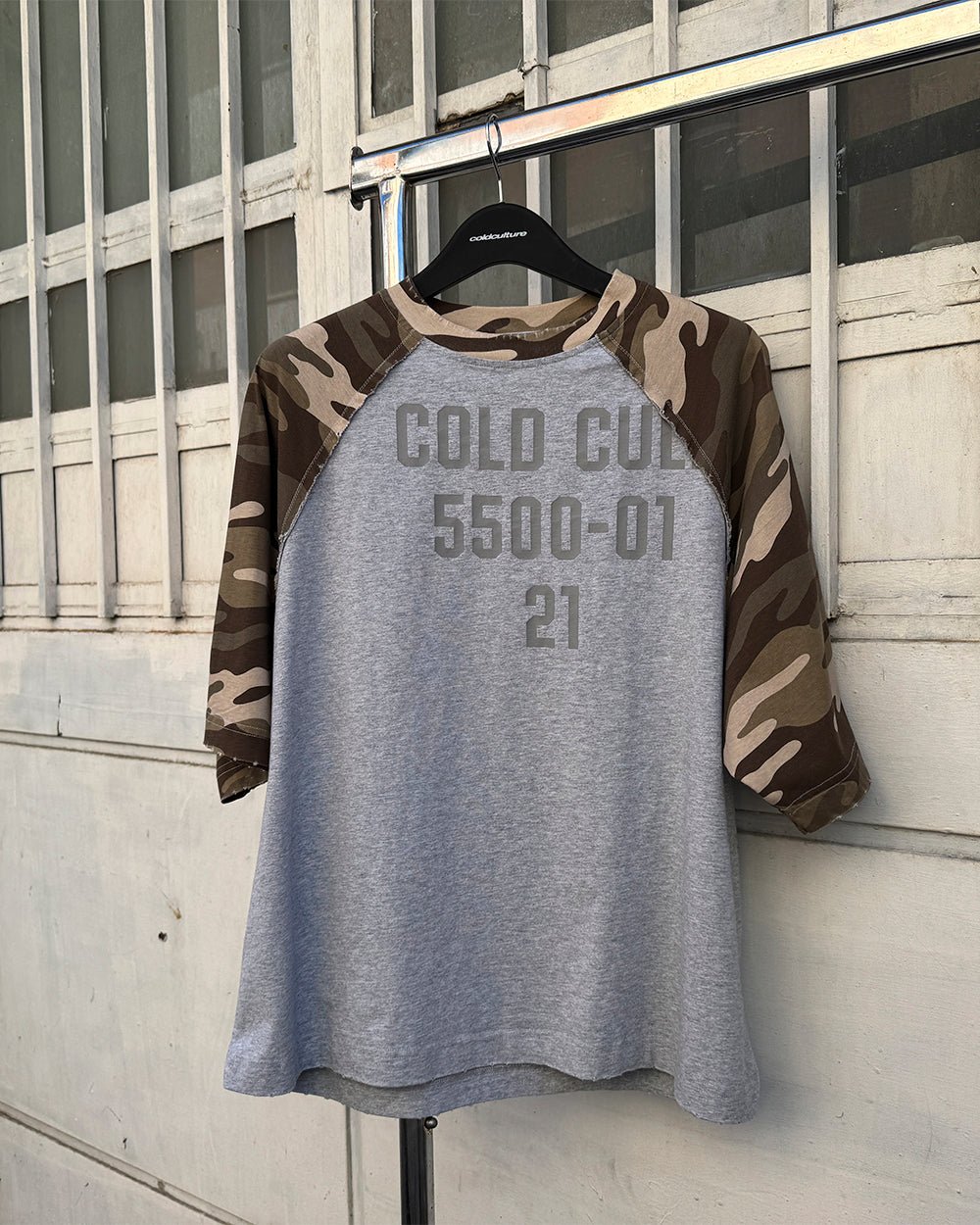 CHAINS CAMO TEE GREY - grey camo sleeve tee, front view - Cold Culture