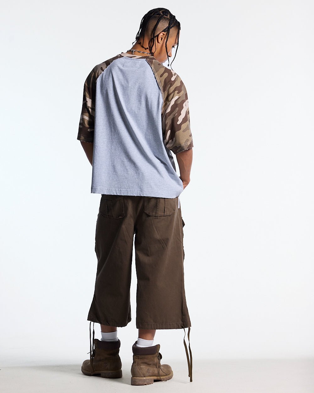 CHAINS CAMO TEE GREY - grey camo sleeve tee, back view on male model - Cold Culture #man