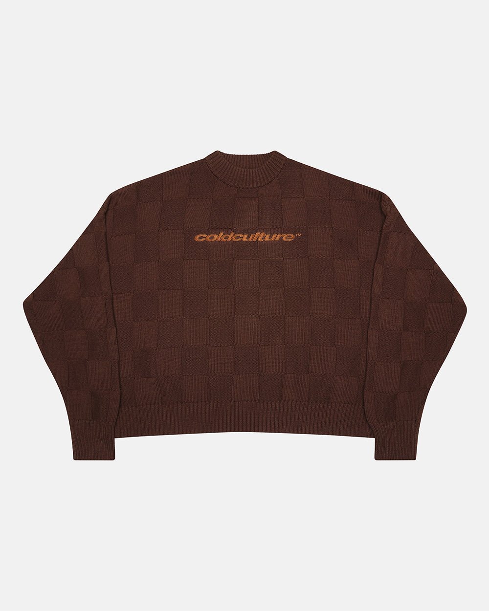 CHECKMATE KNITWEAR BROWN - brown checkerboard knit sweater, front view - Cold Culture #packshot