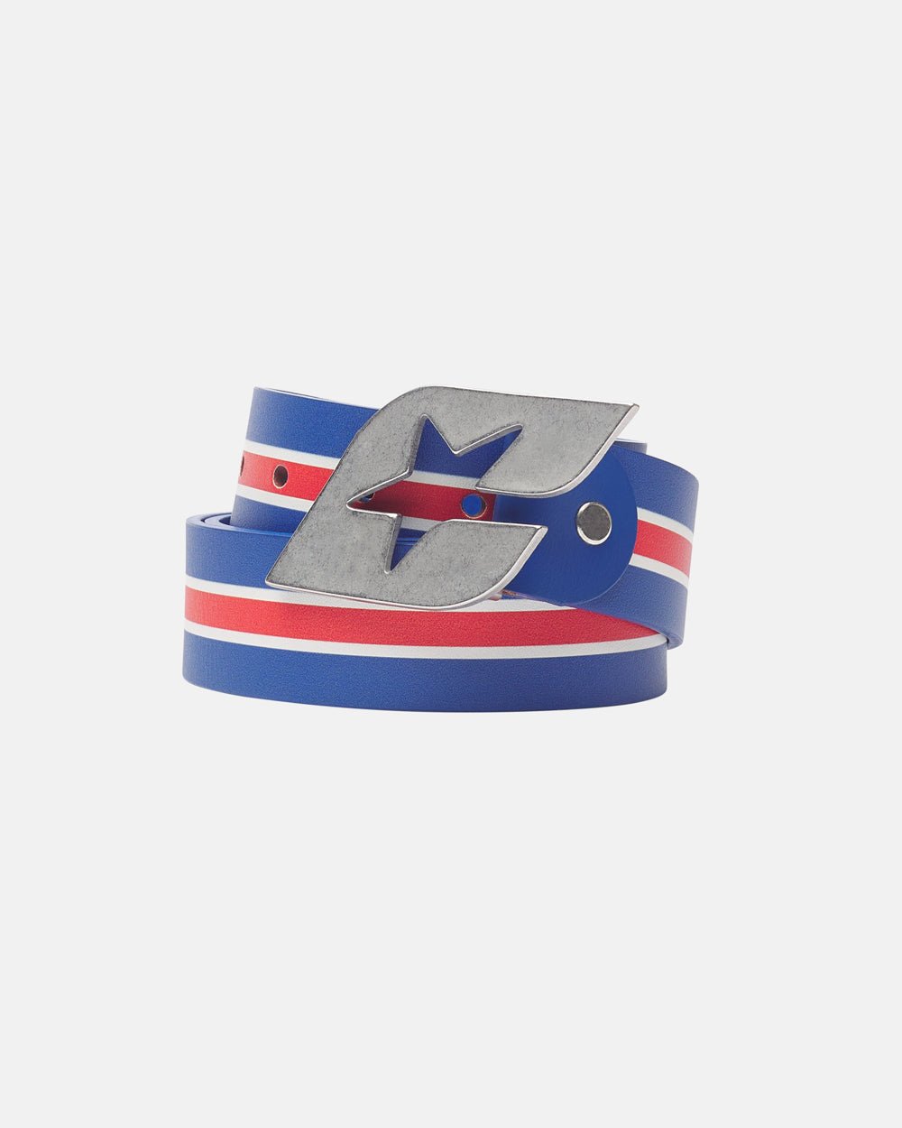 CHEERS LEATHER BELT BLUE & RED - blue and red striped leather belt, front view - Cold Culture #packshot