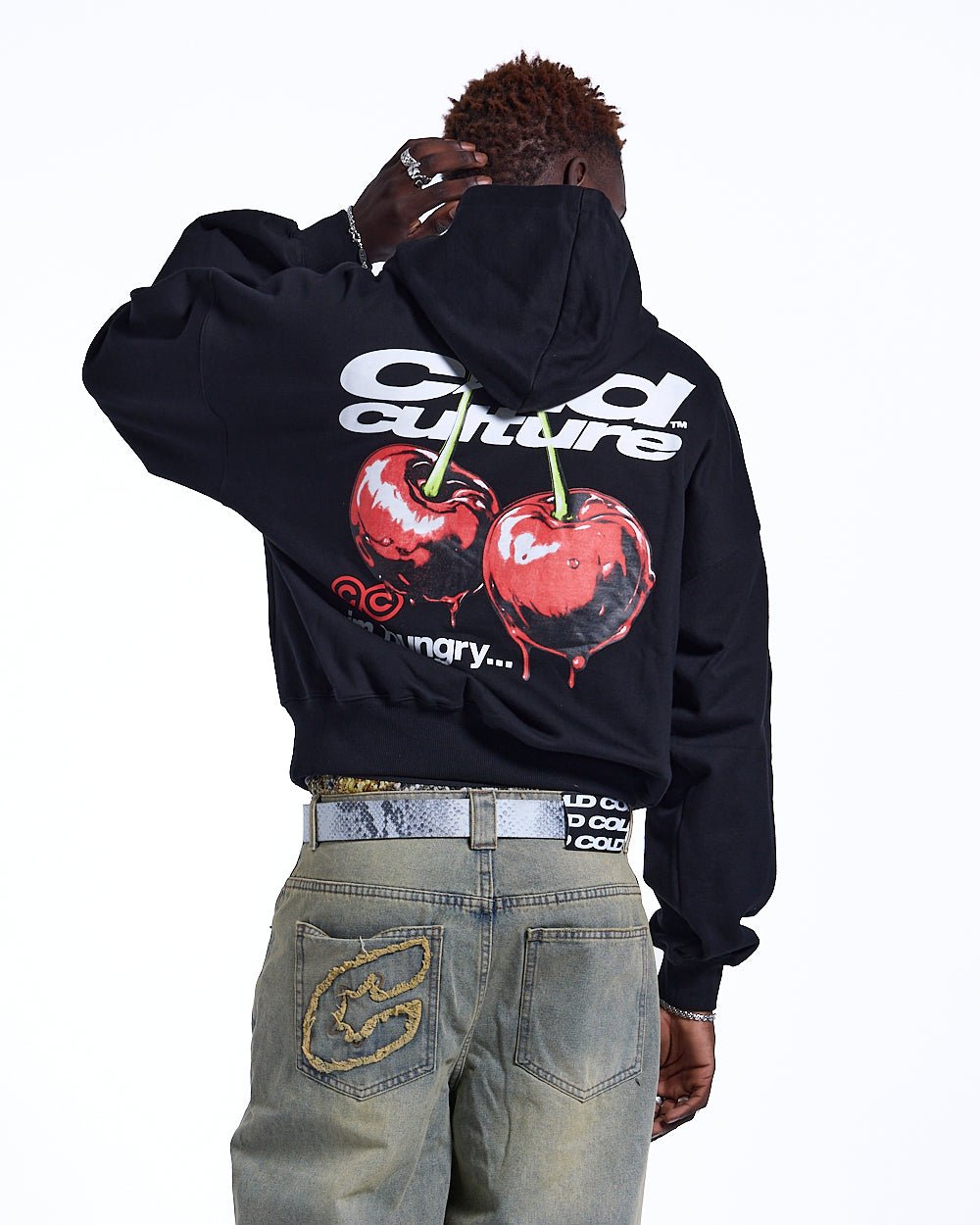 CHERRY HOODIE BLACK - black graphic print hoodie, back view on male model - Cold Culture #man