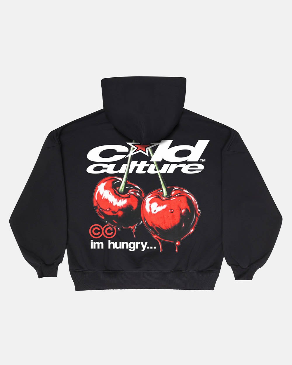 CHERRY HOODIE BLACK - black graphic print hoodie, back view - Cold Culture #packshot