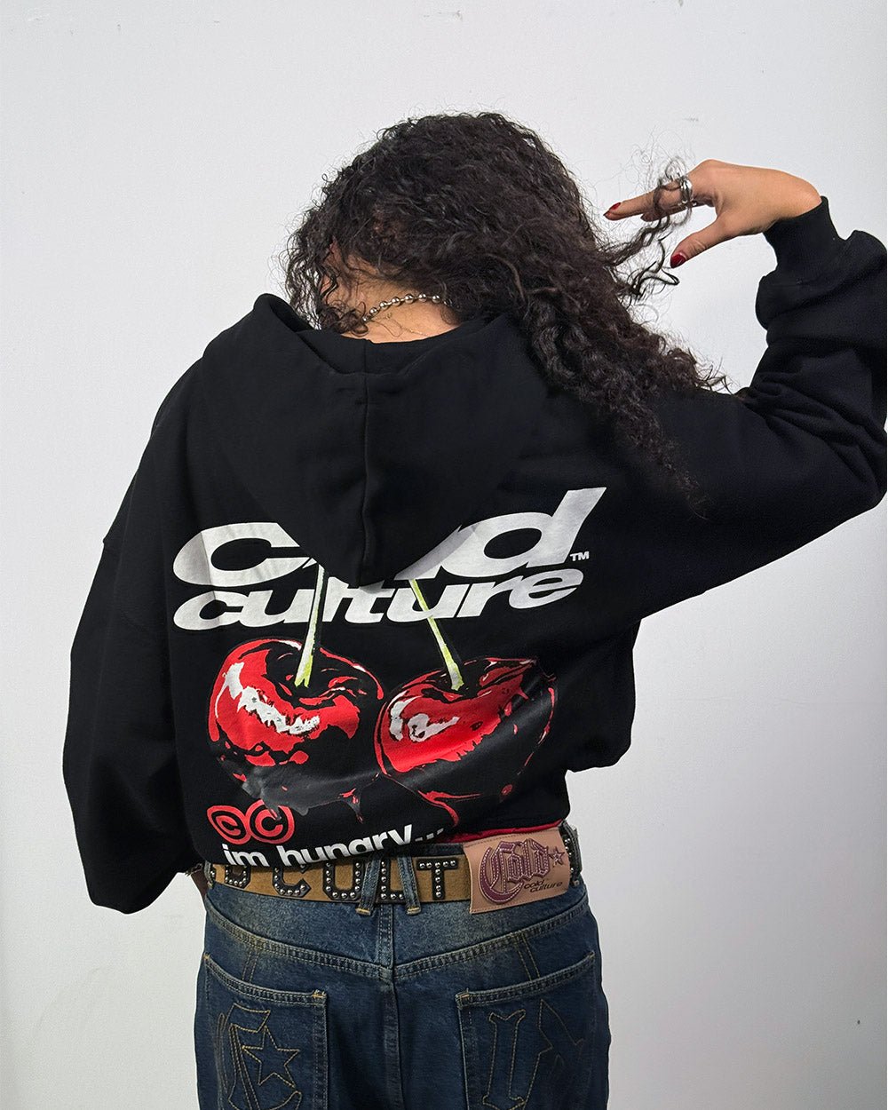 CHERRY HOODIE BLACK - black graphic print hoodie, back view on female model - Cold Culture #woman