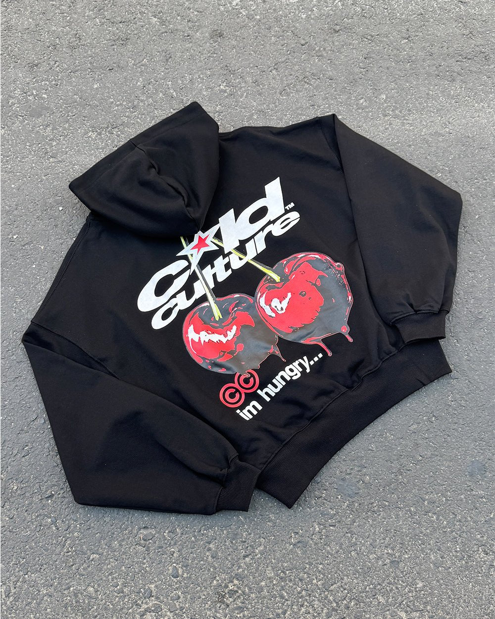 CHERRY HOODIE BLACK - black graphic print hoodie, flat lay - Cold Culture