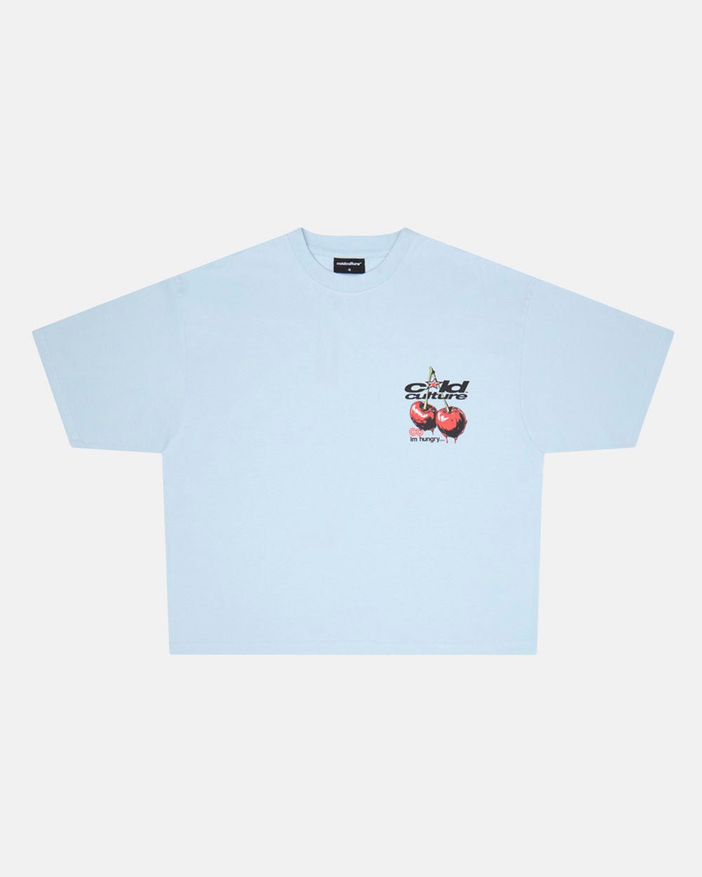 CHERRY TEE DREAM BLUE - light blue graphic print tee, front view - Cold Culture #packshot