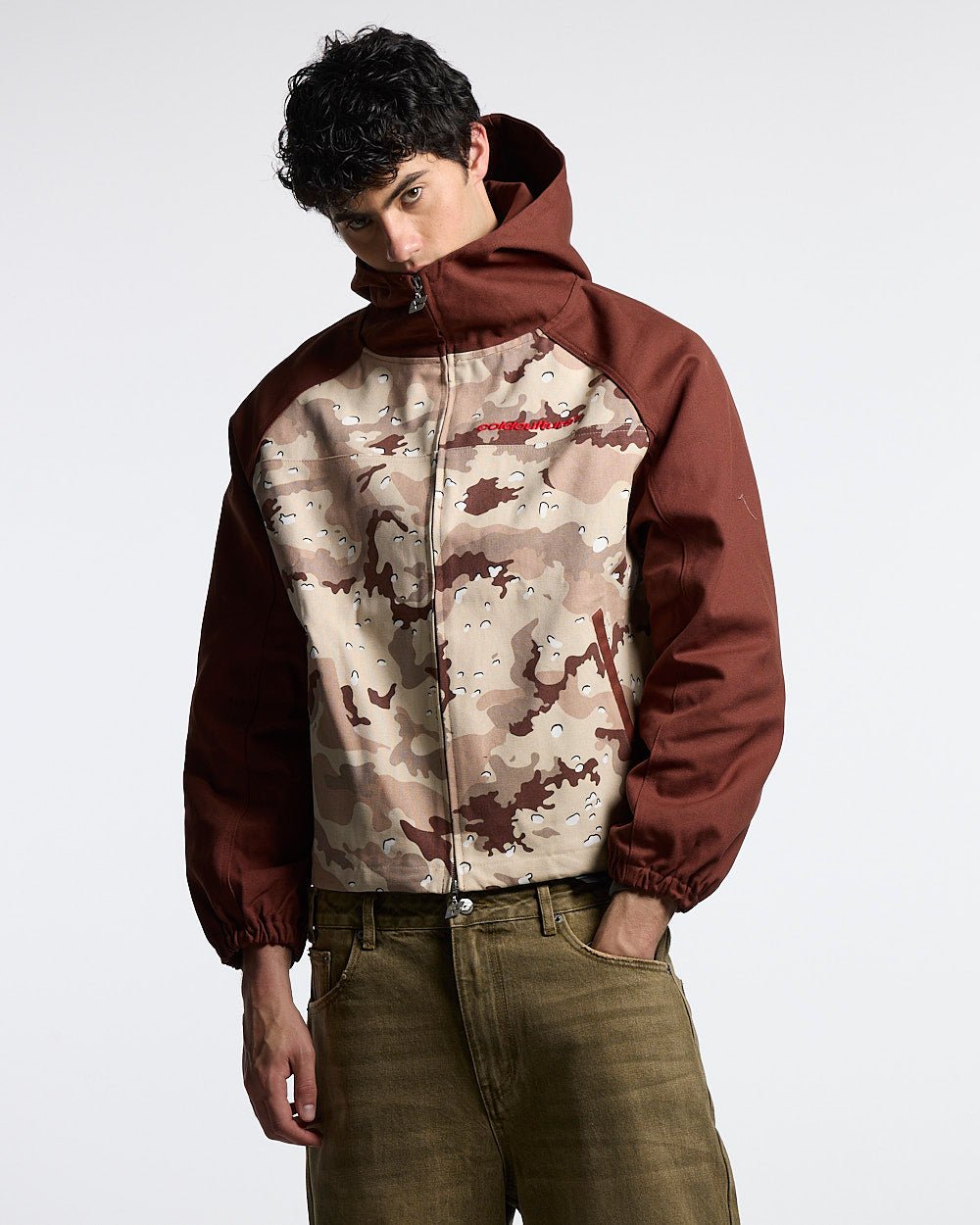 CHIPPED CAMO JACKET BROWN & CAMO - brown desert camo jacket, front view on male model - Cold Culture #man