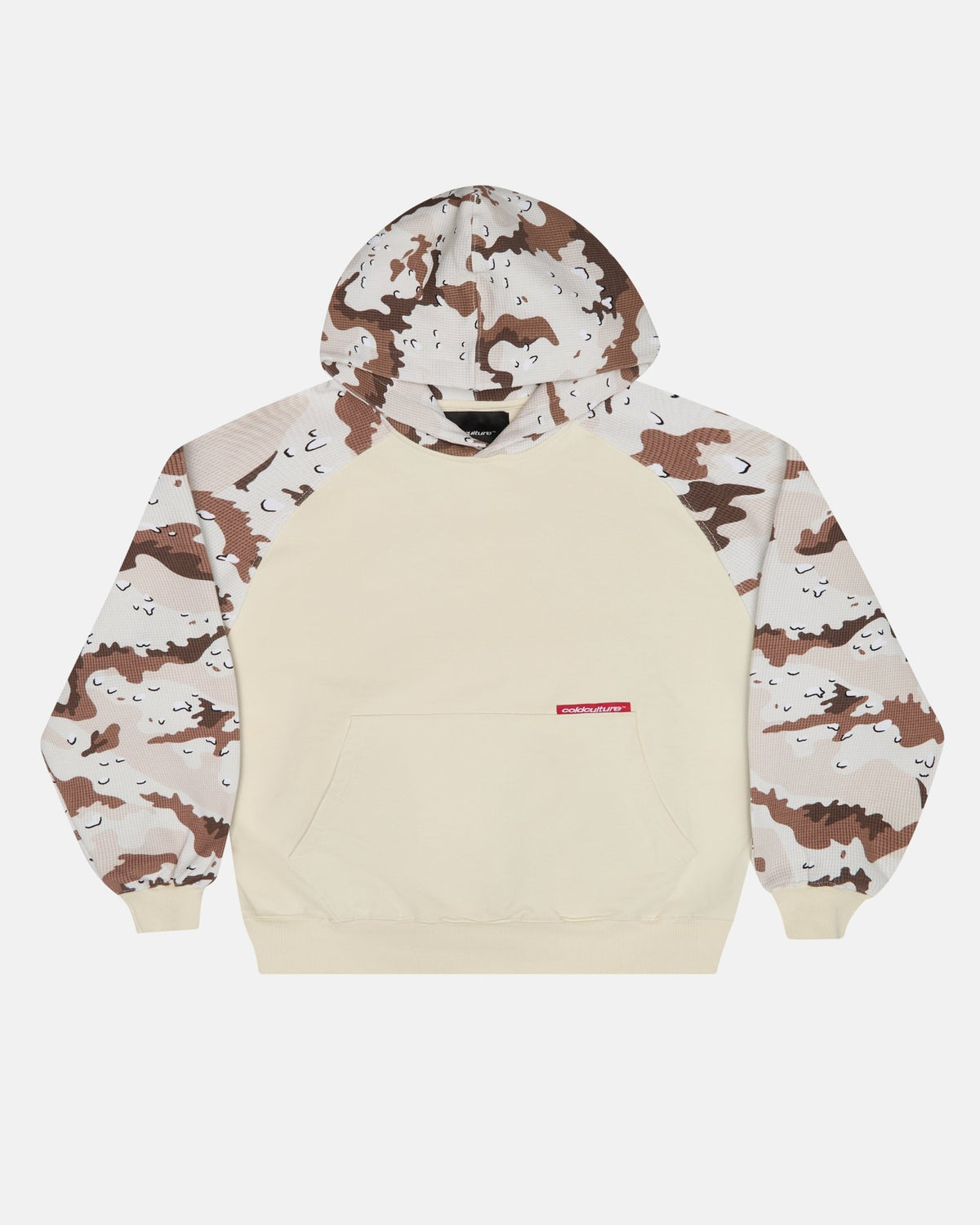 CHIPPED WAFFLE HOODIE BEIGE - beige camo sleeve hoodie, front view - Cold Culture #packshot