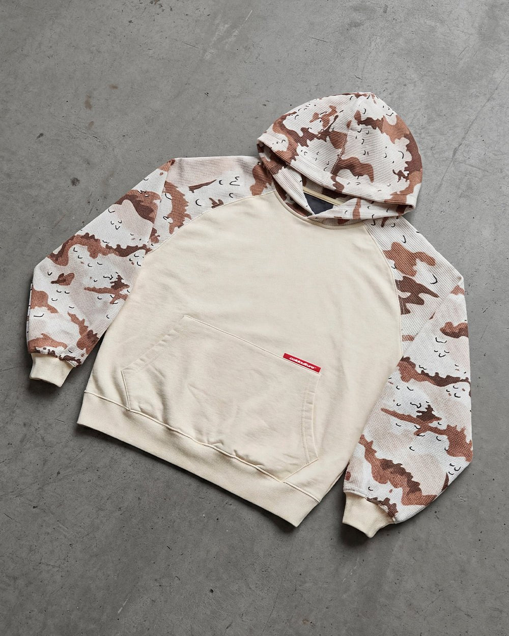 CHIPPED WAFFLE HOODIE BEIGE - beige camo sleeve hoodie, flat lay - Cold Culture