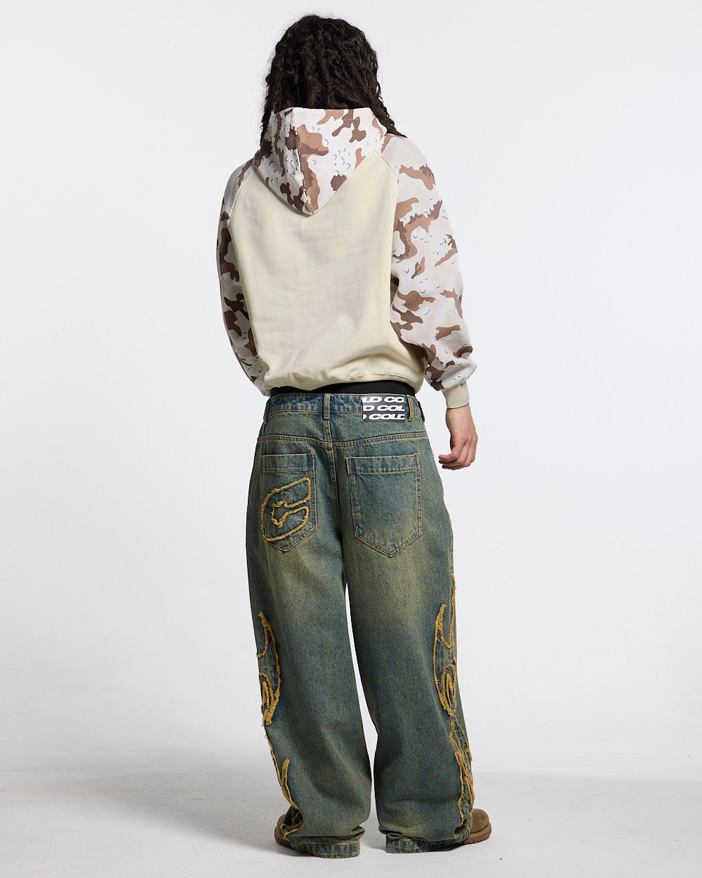 CHIPPED WAFFLE HOODIE BEIGE - beige camo sleeve hoodie, back view on male model - Cold Culture #man