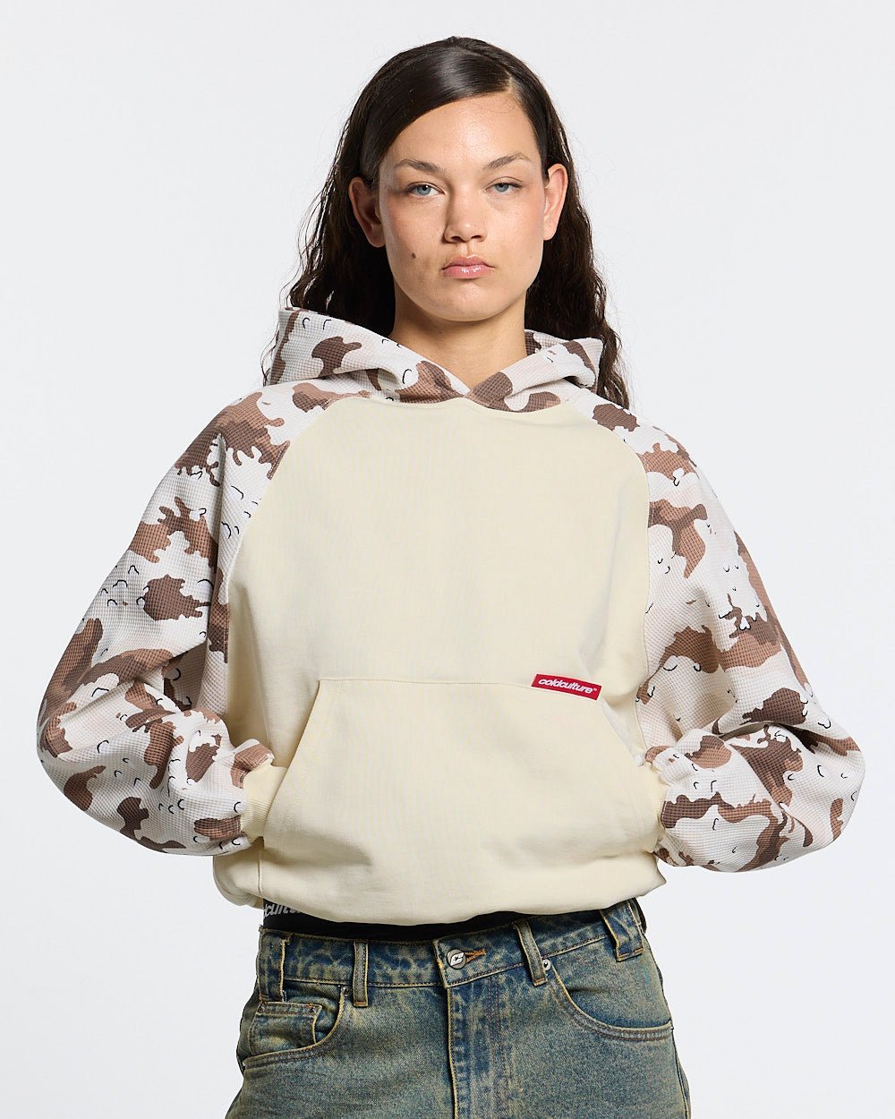 CHIPPED WAFFLE HOODIE BEIGE - beige camo sleeve hoodie, front view on female model - Cold Culture #woman
