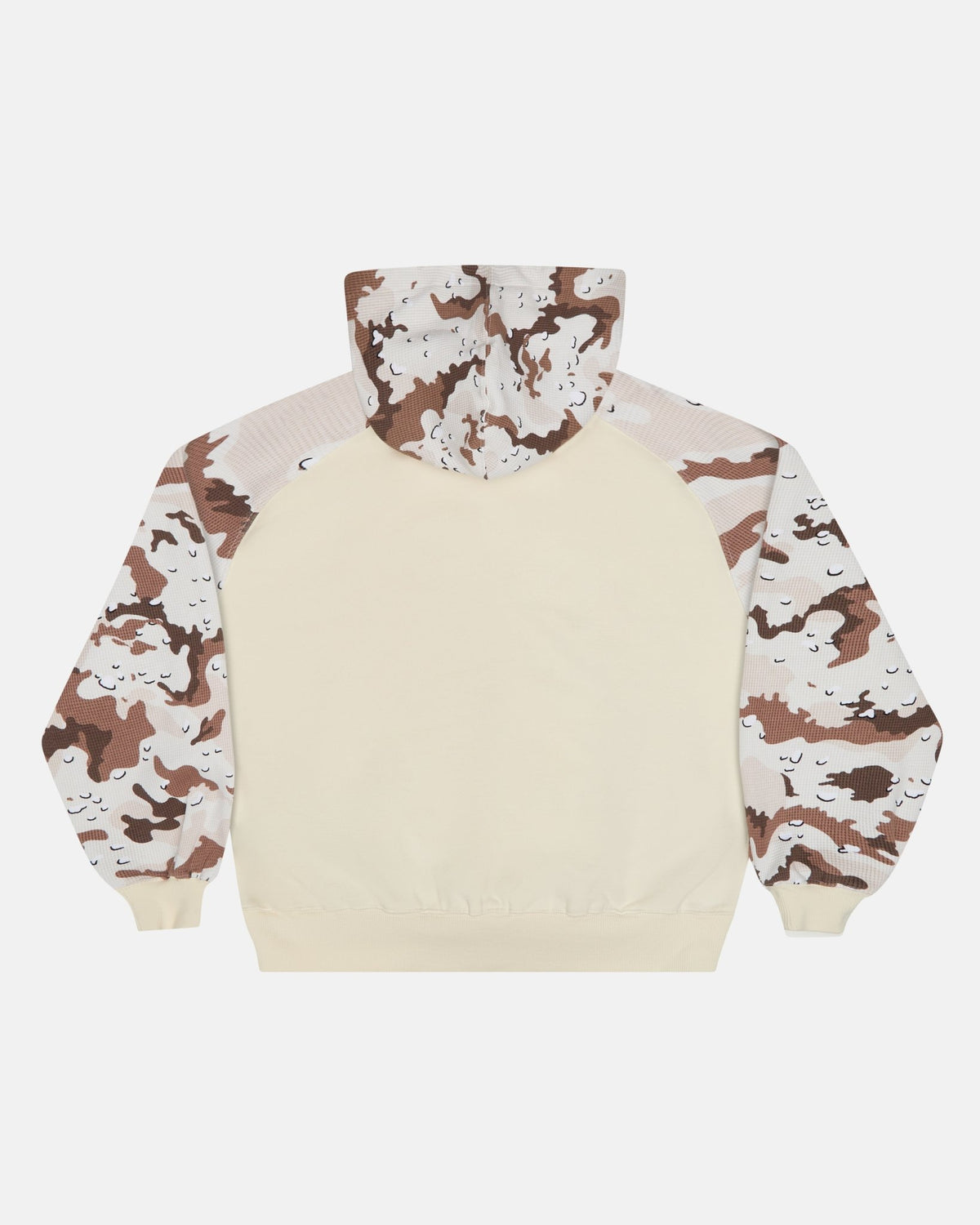CHIPPED WAFFLE HOODIE BEIGE - beige camo sleeve hoodie, back view - Cold Culture #packshot