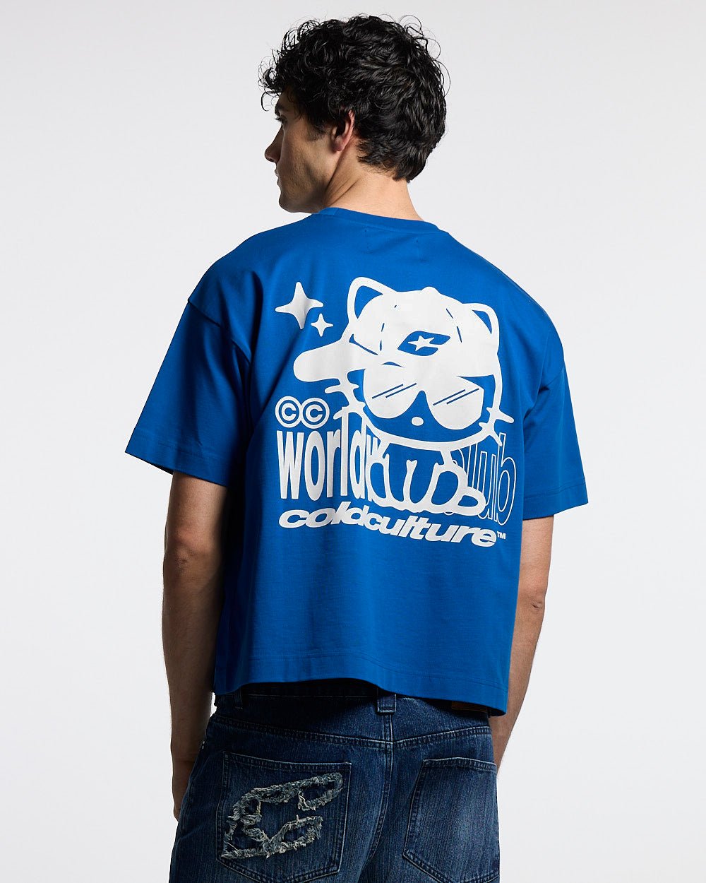 CIBERCAT TEE BLUE - blue graphic print tee, back view on male model - Cold Culture #man