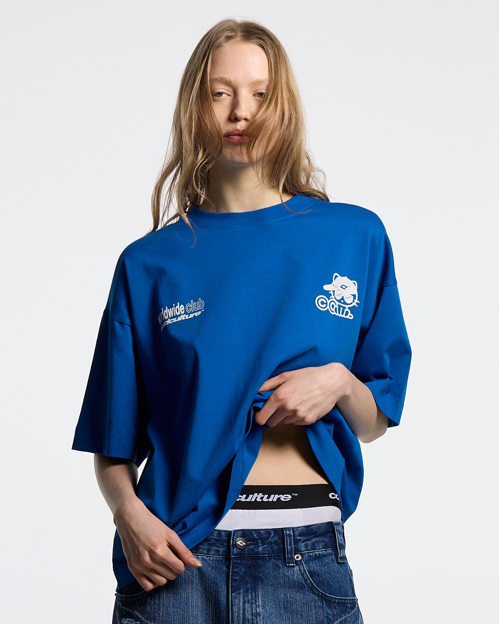 CIBERCAT TEE BLUE - blue graphic print tee, front view on female model - Cold Culture #woman