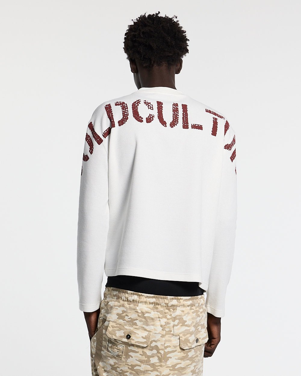 CIPHER LONGSLEEVE OFF-WHITE - off-white graphic print longsleeve tee, back view on male model - Cold Culture