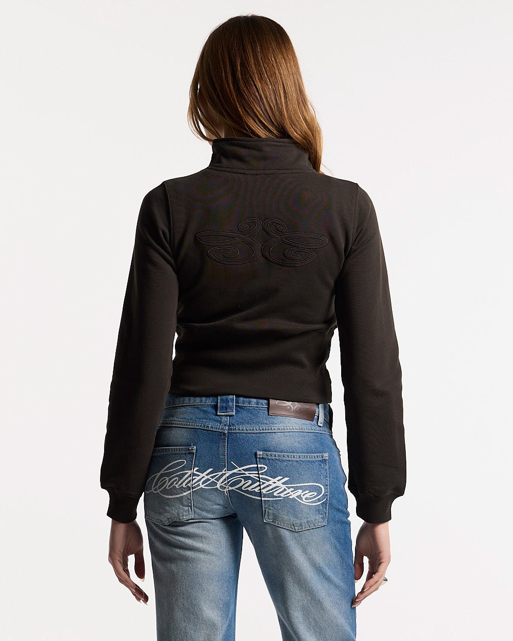 CITY ZIP UP DARK GREY - dark grey cropped zip-up hoodie, back view on female model - Cold Culture #woman