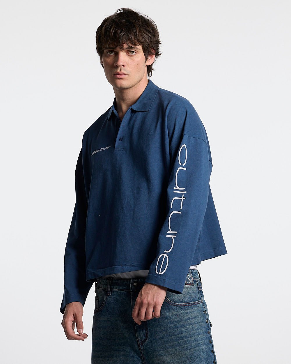 CLASSIC FIVE LONGSLEEVE POLO NAVY - navy longsleeve polo shirt, front view on male model - Cold Culture #man
