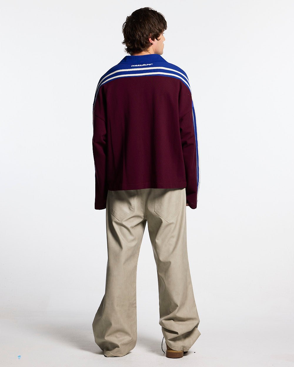 CLASSIC RAW POLO LONGSLEEVE BURGUNDY - burgundy striped longsleeve polo shirt, back view on male model - Cold Culture #man