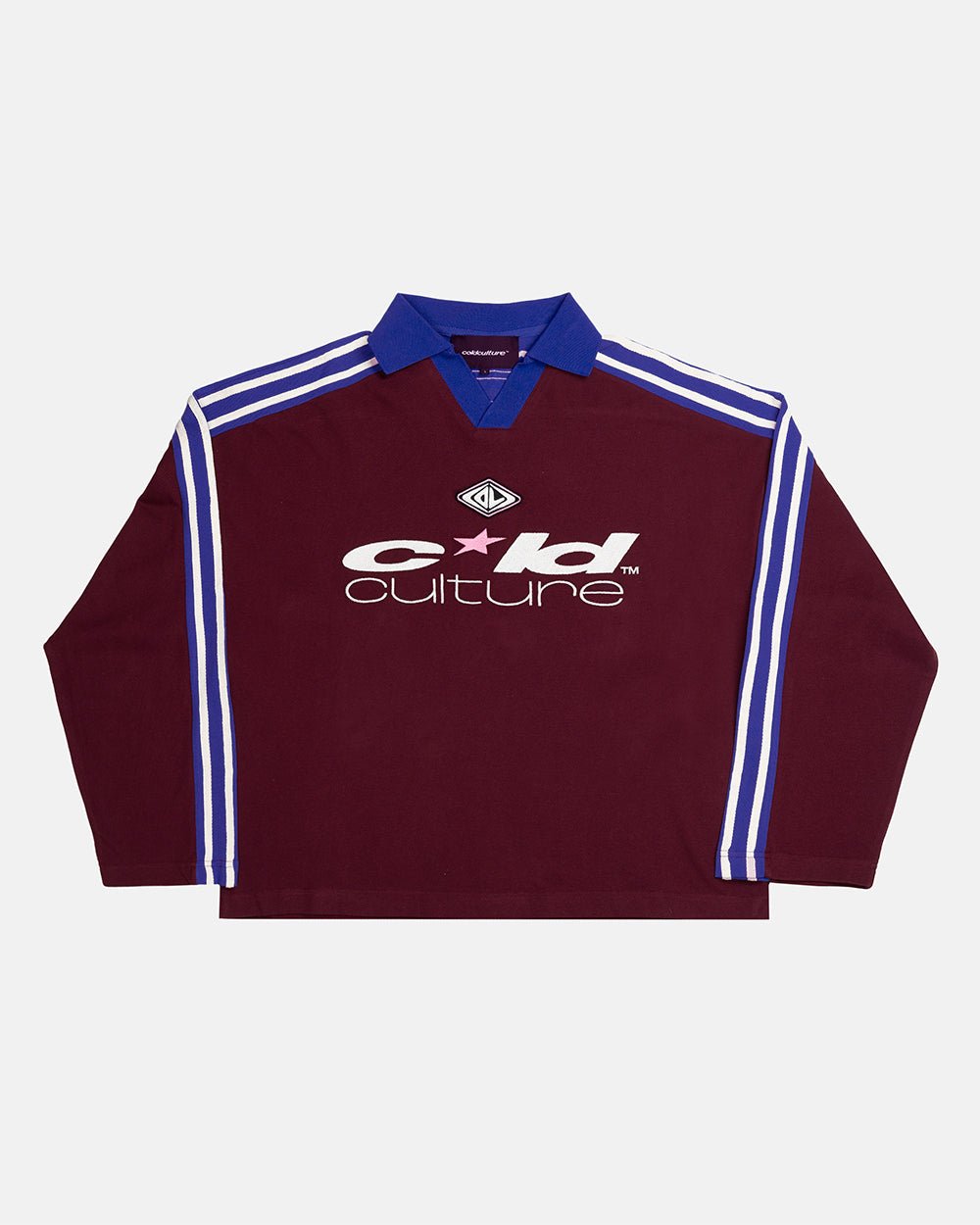 CLASSIC RAW POLO LONGSLEEVE BURGUNDY - burgundy striped longsleeve polo shirt, front view - Cold Culture #woman