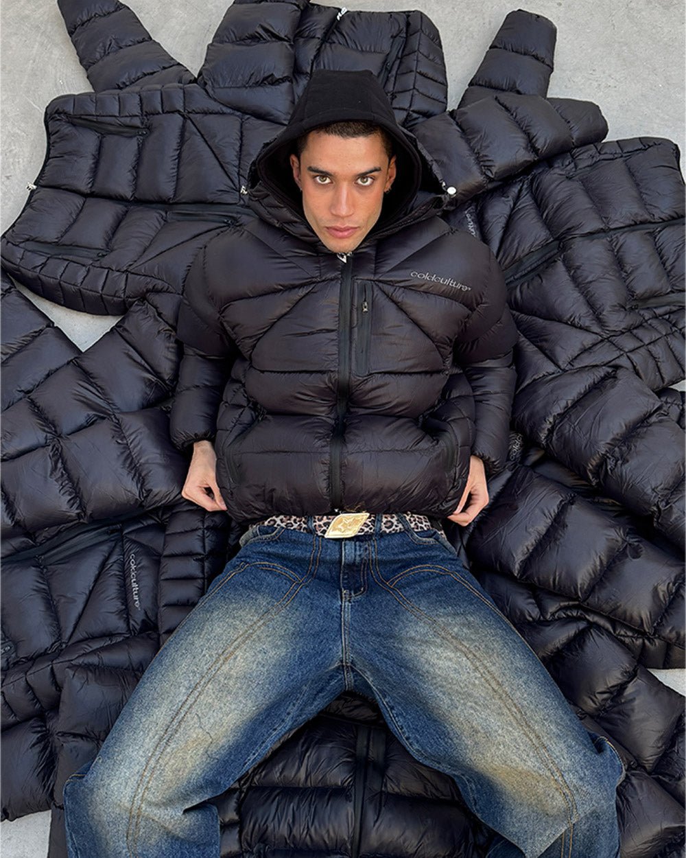 CLOUD ARMOR PUFFER BLACK - black glossy puffer jacket, front view on male model - Cold Culture