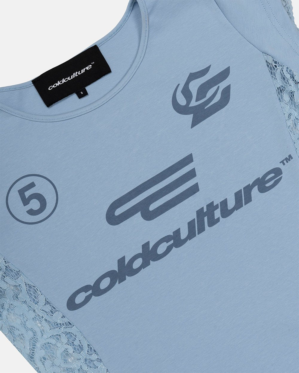 CLUB BABY TEE BABY BLUE - baby blue lace panel tee, detail close-up - Cold Culture