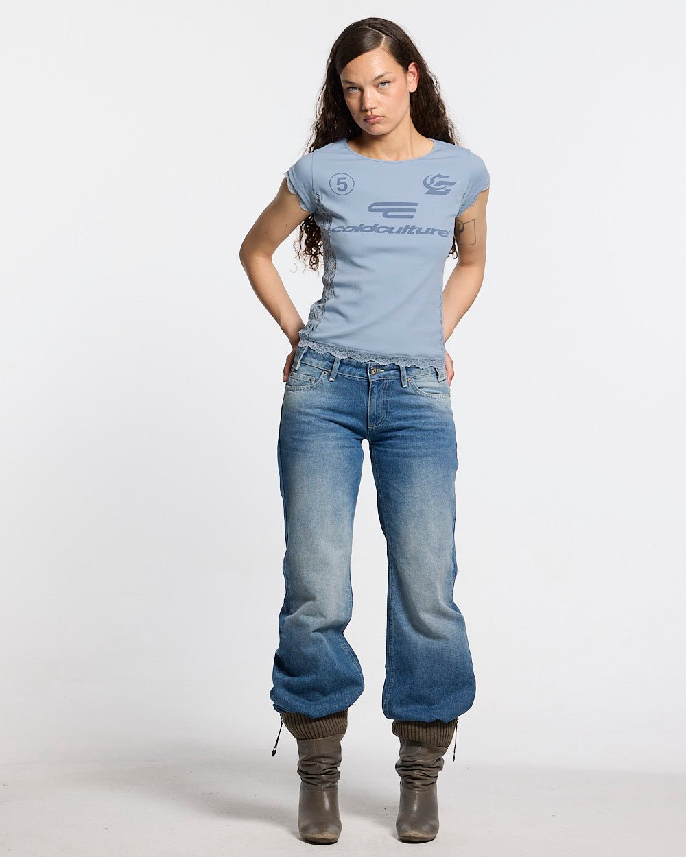 CLUB BABY TEE BABY BLUE - baby blue lace panel tee, front view on female model - Cold Culture #woman