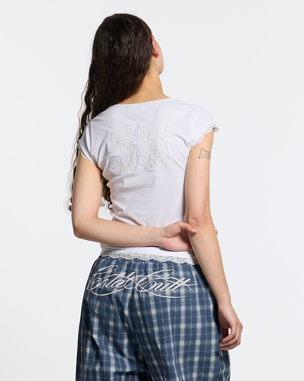 CLUB BABY TEE WHITE - white lace panel tee, back view on female model - Cold Culture #woman