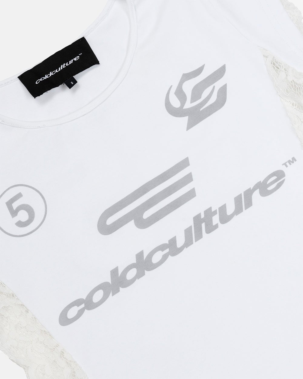 CLUB BABY TEE WHITE - white lace panel tee, detail close-up - Cold Culture