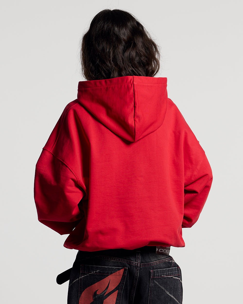 COLD 521 HOODIE RED - red logo print hoodie, back view on female model - Cold Culture #woman